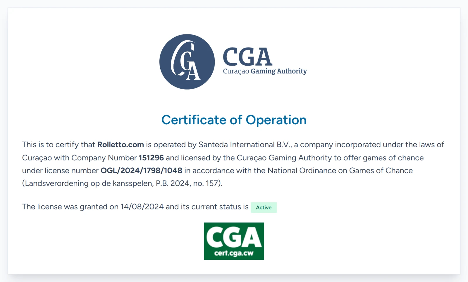 Curacao Gaming Authority Certificate of Operation for Rolletto.com, naming Santeda International B.V., company number 151296, licence OGL/2024/1798/1048, granted 14/08/2024, status Active