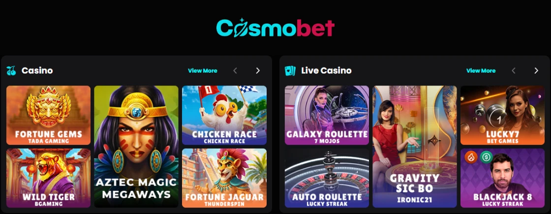 Cosmobet casino brand and game lobby