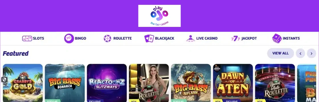 PlayOJO casino brand and game lobby
