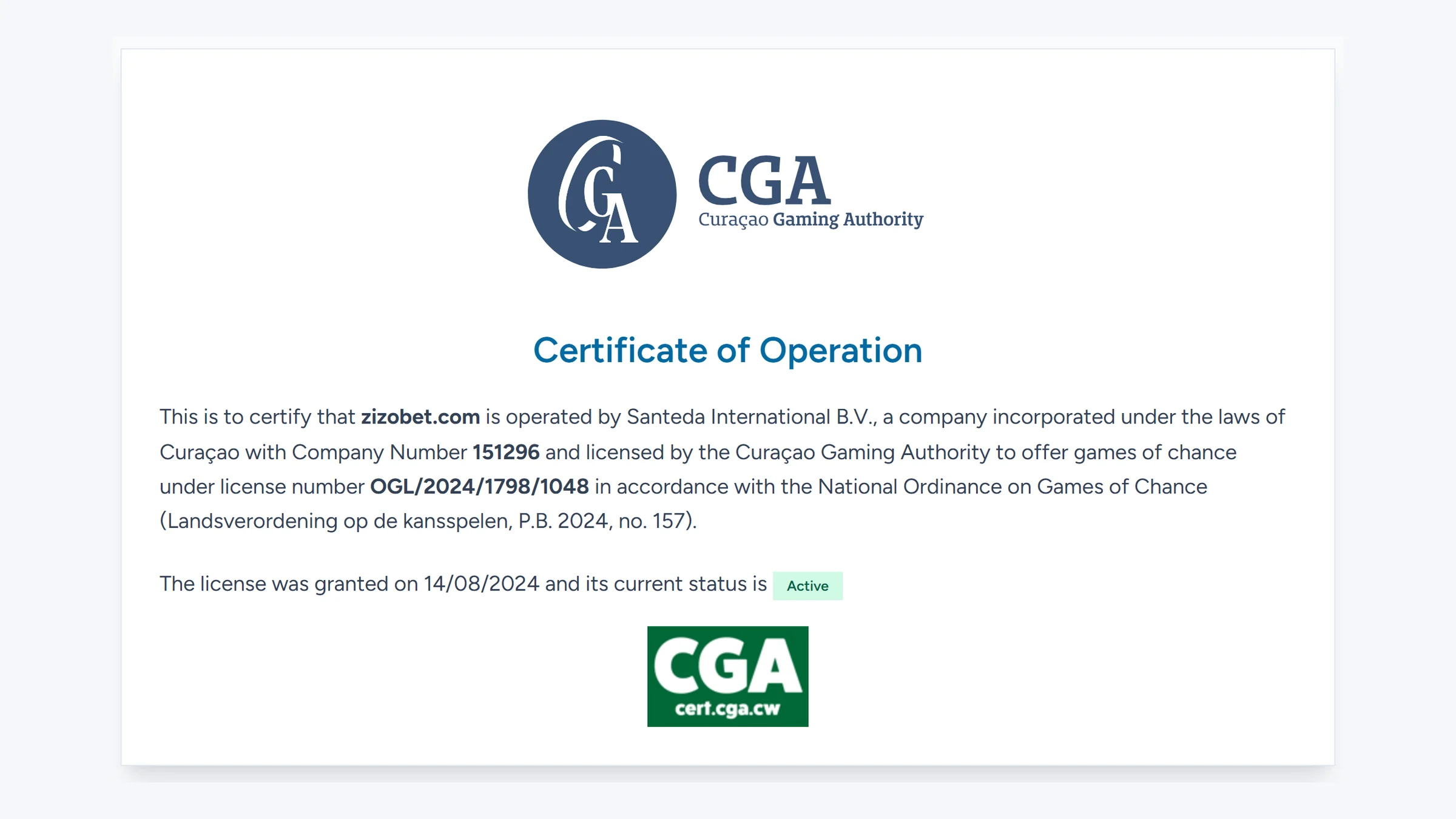 Earlier article illustration of the Zizobet CGA certificate; see the text for the dated certificate and register discrepancy