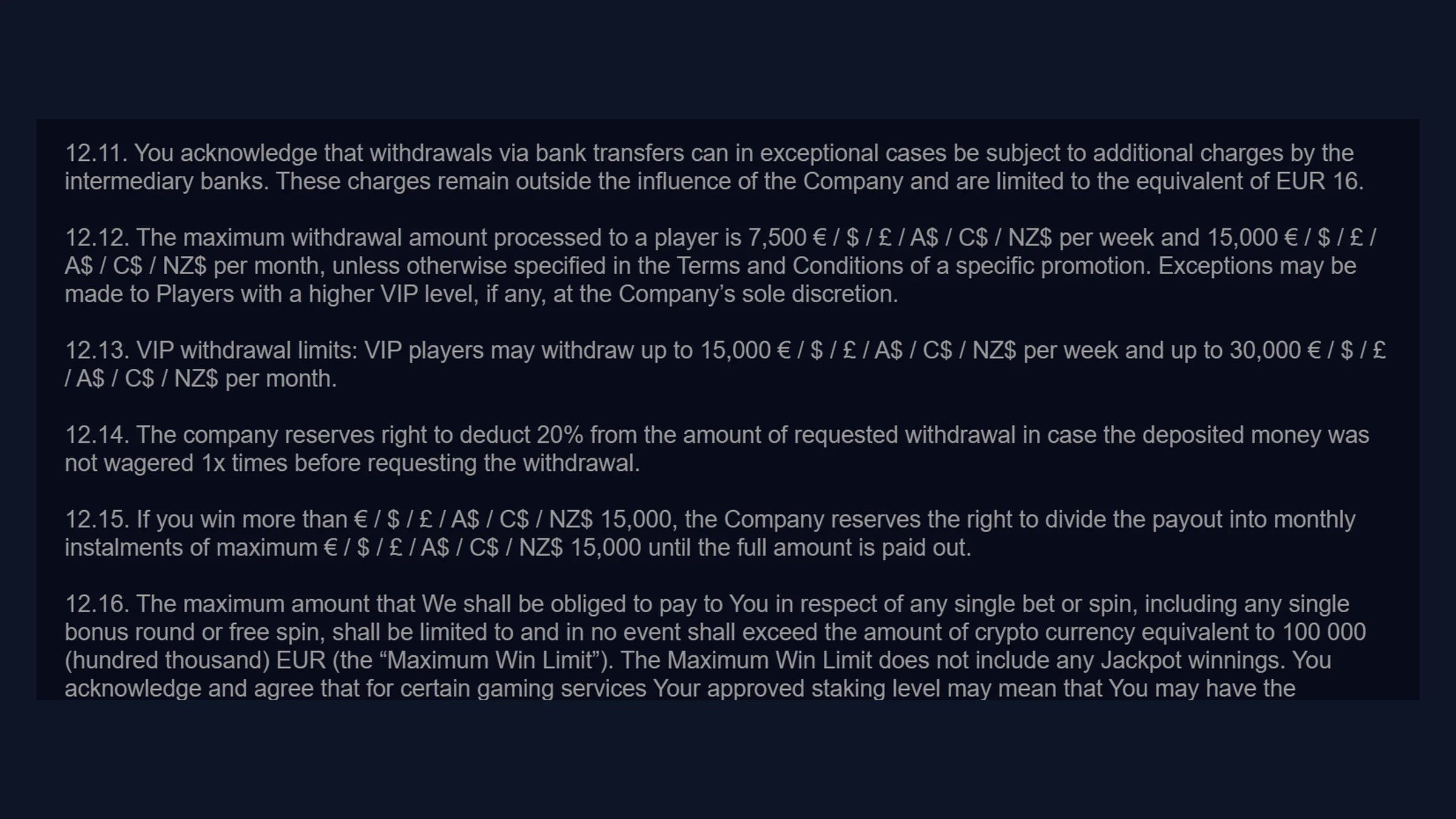 Earlier article illustration labelled as Zizobet terms clauses 12.11 to 12.16; the current summary includes the published exceptions